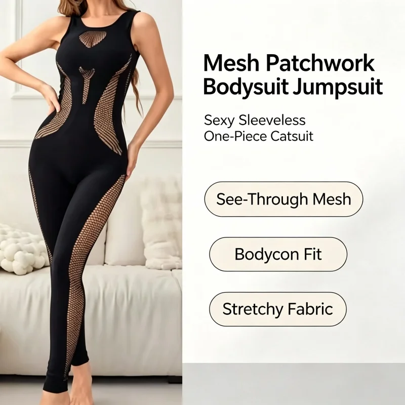 2026 Women's Sexy Jumpsuit Figure-Hugging Hollow Out Romper Black Sheer Mesh Panels Jumpsuit Sexy Club Party Street Outfit