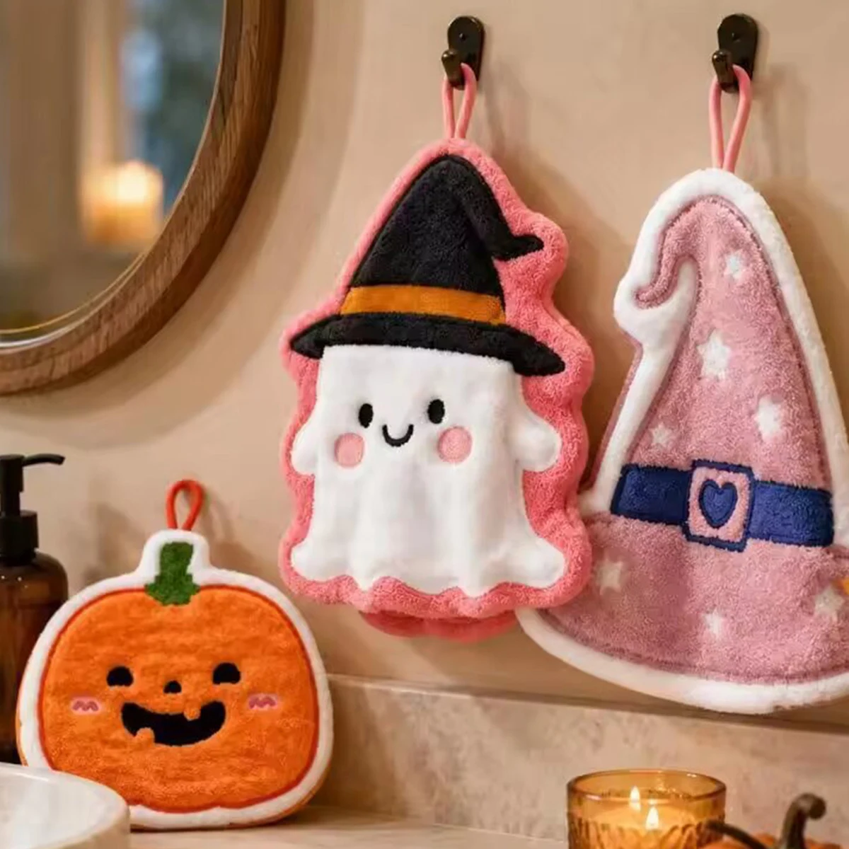 Funny Halloween Hanging Hand Towels Pumpkin Ghost Witch Hat Moon Bat Design for Kitchen Bathroom Decor
