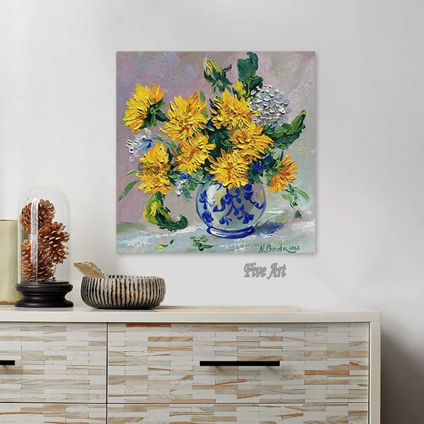 ديكورات الحائط لغرفة المعيشة لوحة سكين زهرة صفراء الحديثة قماش زهرة زهرية النفط اللوحة الفنية صور اليدوية