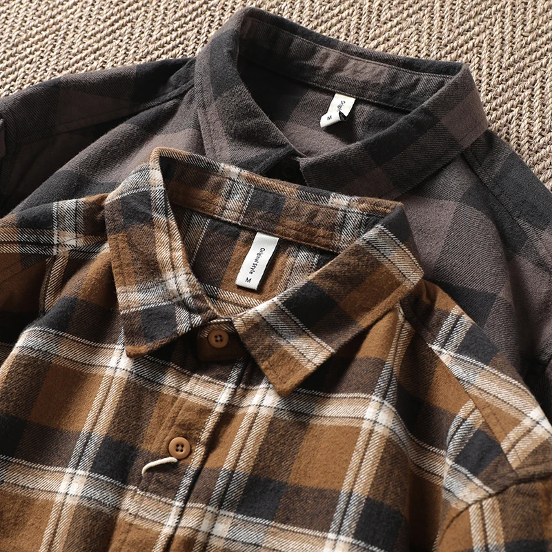 

Autumn Winter Men's Casual Cotton Flannel Long Sve irt Classic Plaid Design Stand Fit Outerwear for Busin And Leisure