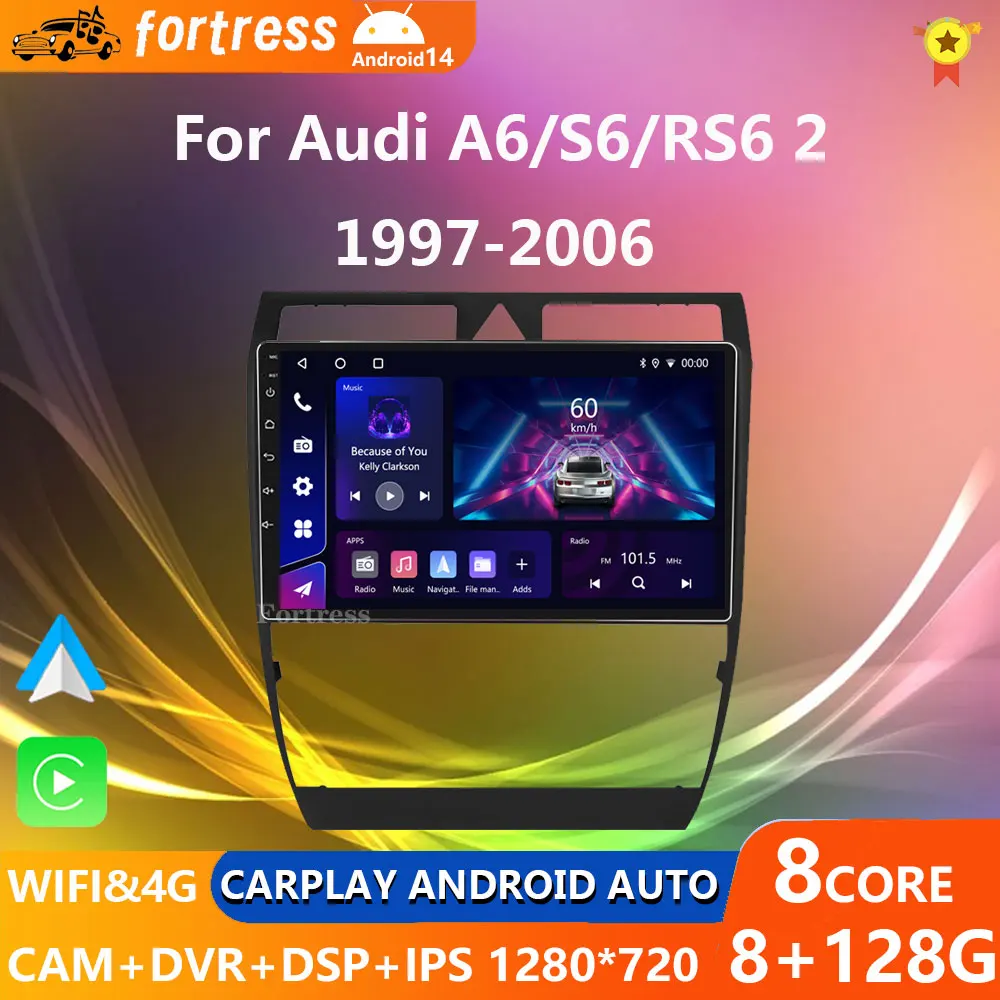 2 Din Android 14 Car Radio Carplay Auto For Audi A6 C5 1997 - 2004 S6 2 1999 - 2004 RS6 1 2002-2006 Multimedia Player GPS DVD