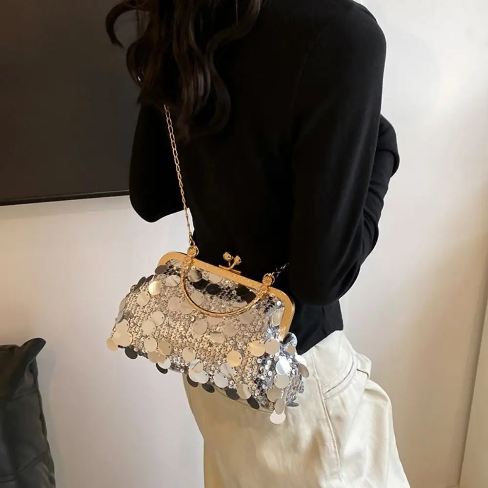 Elegant Shiny Evening Banquet Bag Glitter Lock Buckle Chain Crossbody Bag Korean Style with Round Handle Shell Bag Ladies