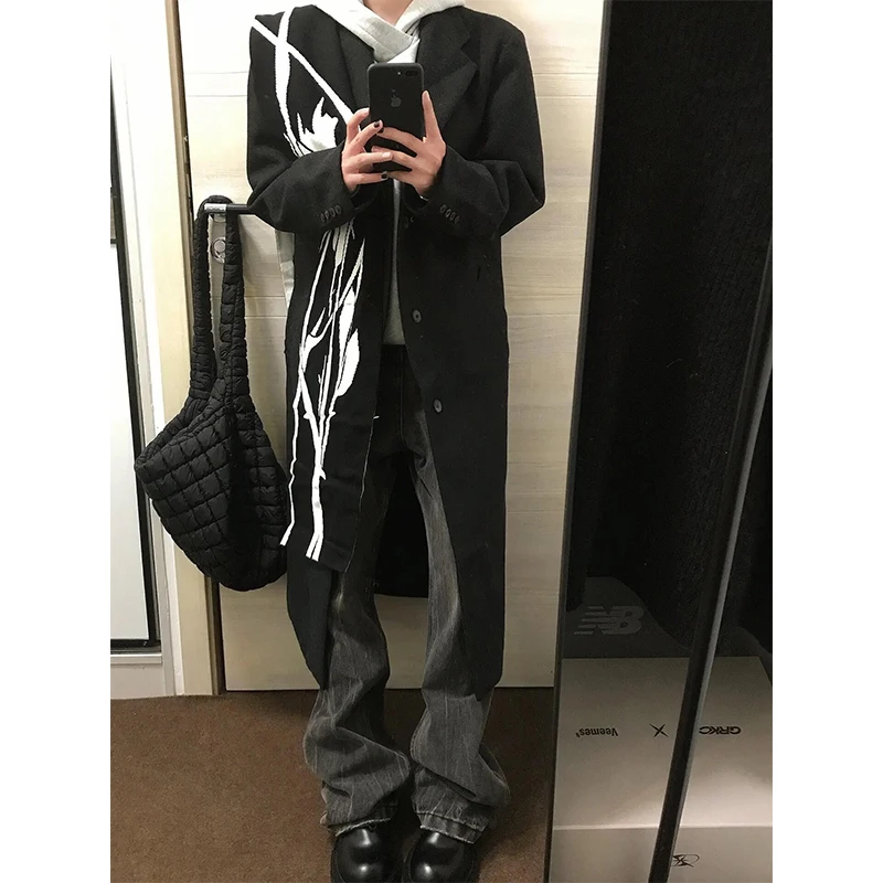 

American Retro irk Men's Woolen Coat Hip Hop Trendy Street Sle Mid-Length Autumn Winter Faion Outerwear