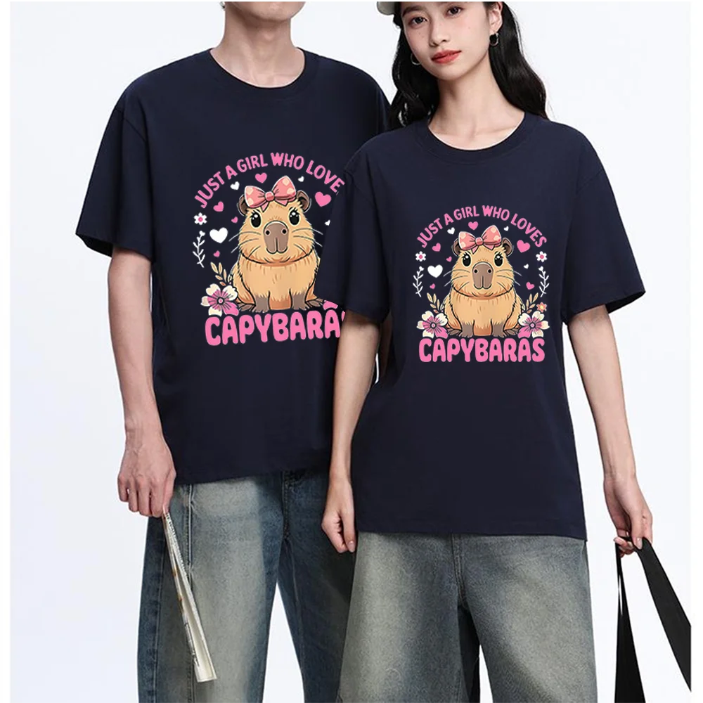 Capybara Girl Graphic Printed T Shirt Breathable Fabric S-XXL Personalized Custom Casual Short Sleeve Tee Aesthetic Unisex Fit D