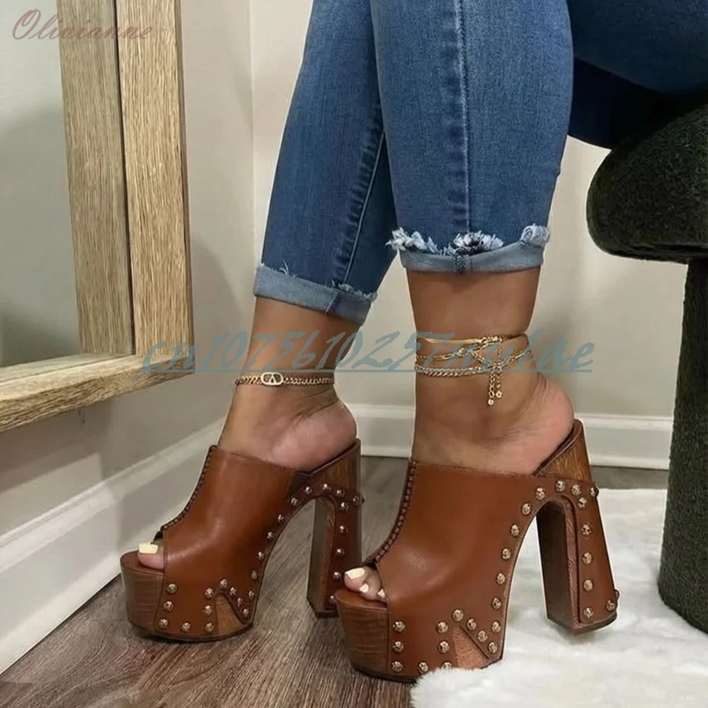 

Retro Style Brown Side Round Rivets Decor Slippers Open Toe Chunky High Heel Shoes for Women Party Platform 2026 Pumps Zapatos