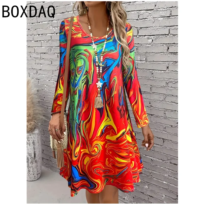 Large Size Women Casual Dress Autumn Long Sleeve O-neck Loose Mini Dress 3D Vintage Gradient Multi Color Printed A-Line Dress