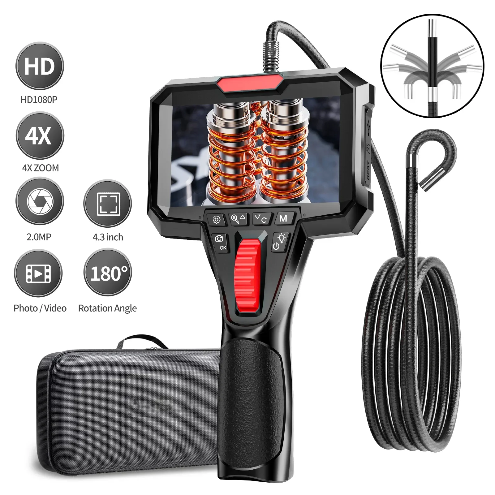 

Articulating Borescope with 4.3'' Monitor 1080P 3.9MM HD Steerable Endoscope Camera with Articulated Probe For Engine Inspect