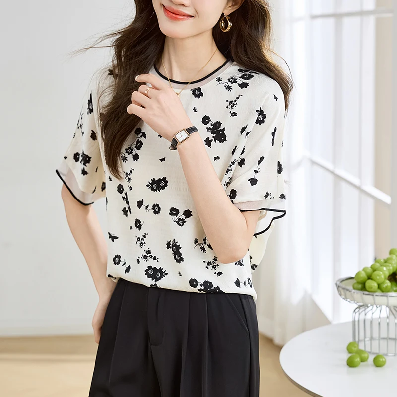 Elegant Lady Summer Chiffon Shirts Flora Printing Short Sleeves Round Neck Loose Desigh 2024 New Women Blouse