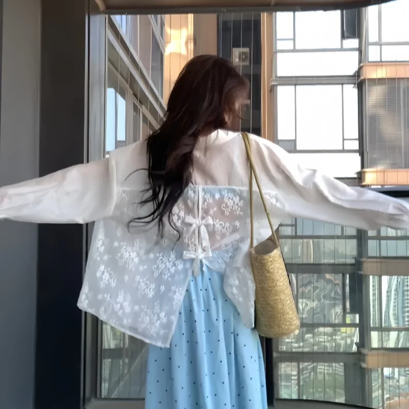 

Faionable Summer Knot Hollow out Ice Silk Sun Protection irt Women's Loose Fit Long Sve Collar Air Cond...