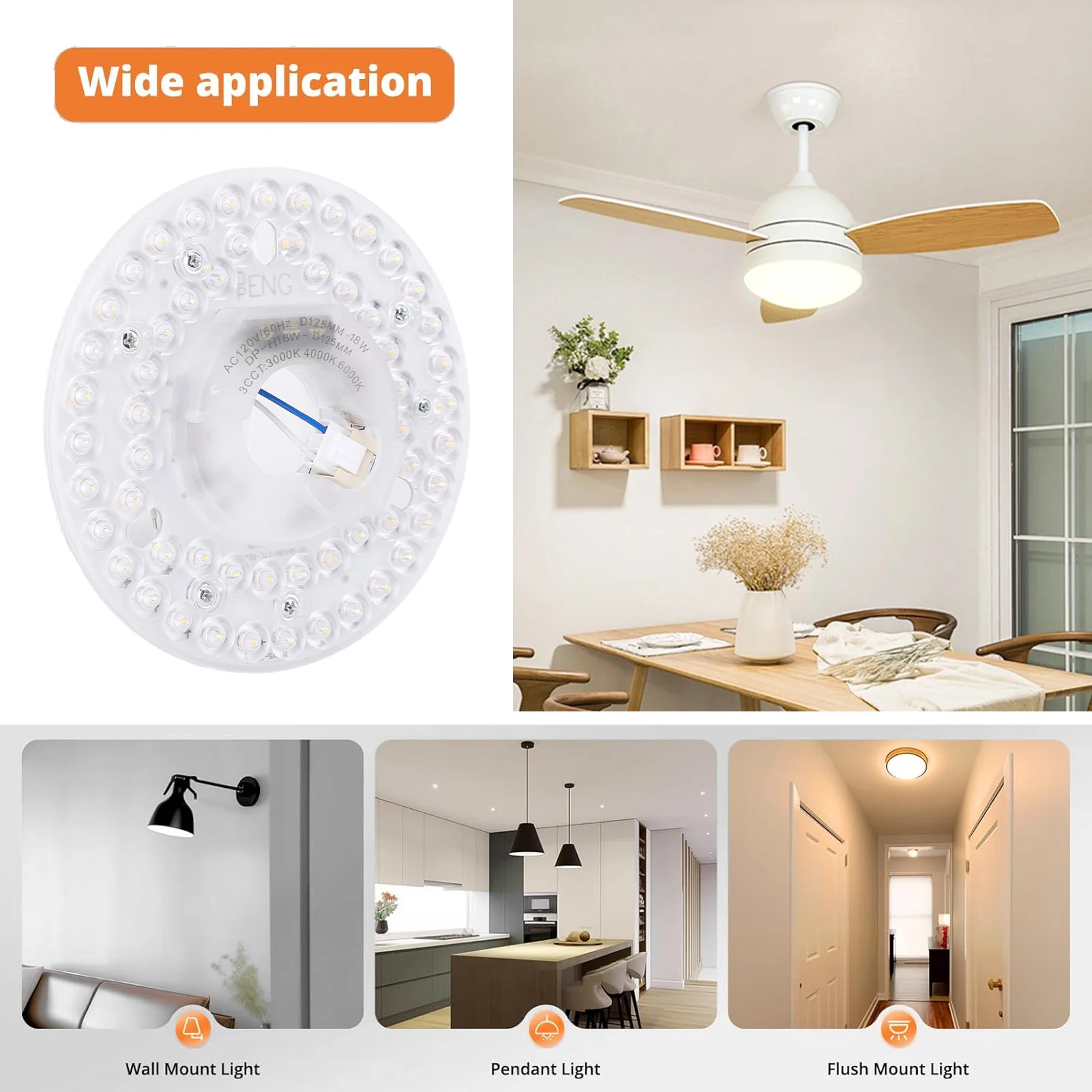 Ventilador de techo Luz LED 3CCT 3000K 4000K 6000K Panel de repuesto de luz de ventilador de techo 18W Ahorro de energía 3 colores regulables para el hogar