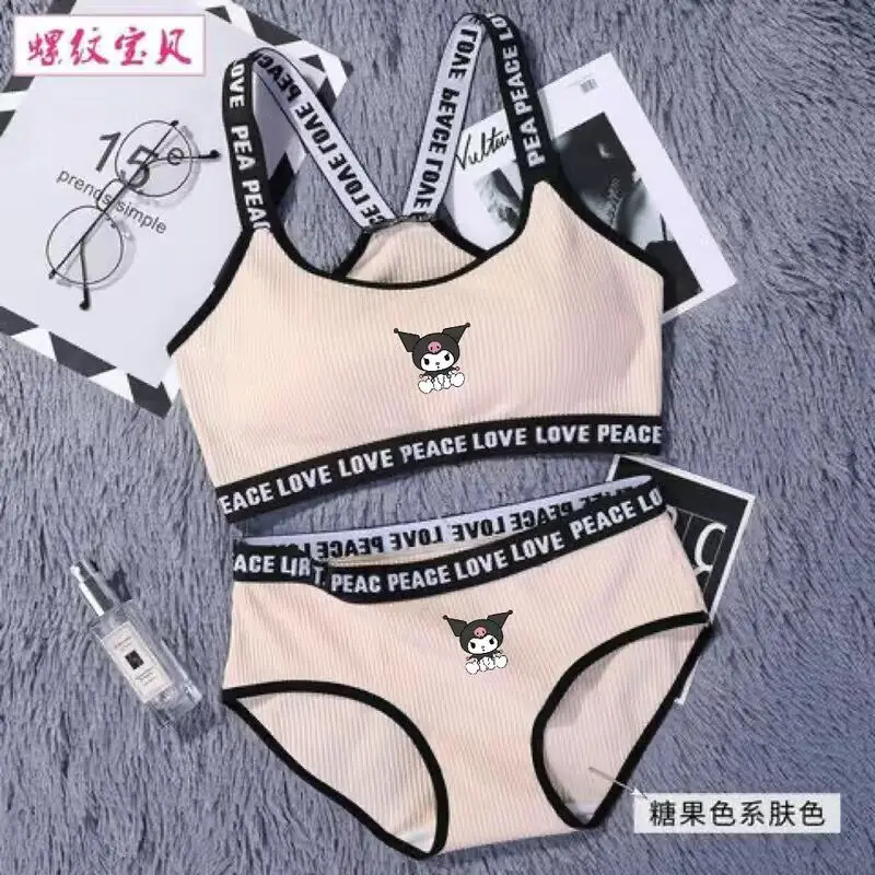 Sanrio Kuromi Underwear Cute Girls\' Bra Cotton No Steel Ring Letter Shoulder Strap Bra Set Beautiful Back Sports Underwear Set