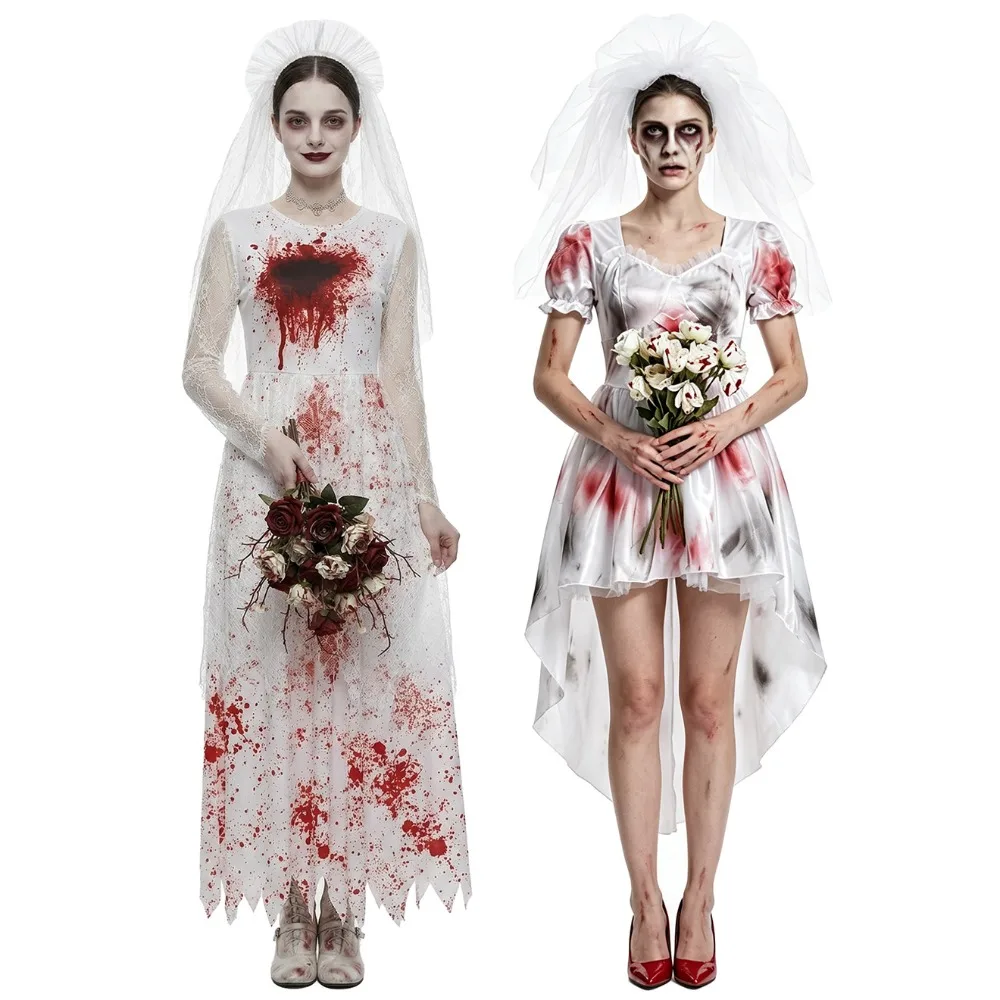Halloween Ghost Bride Cosplay Costume, Bloodstained White Wedding Dress, Horror Themed Party, Carnival Stage Performance Costume