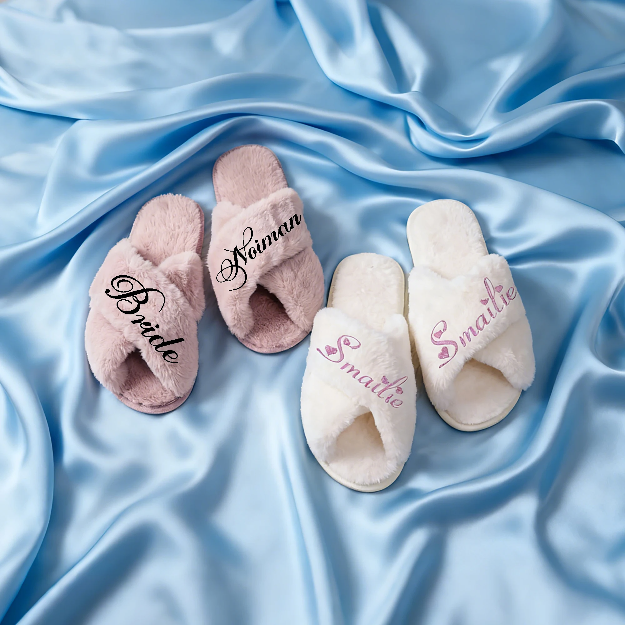 Custom White and Pink Plush Bridal Slippers, Plush Cross Slippers, Bridal Shower, Personalized Wedding Plush Slippers