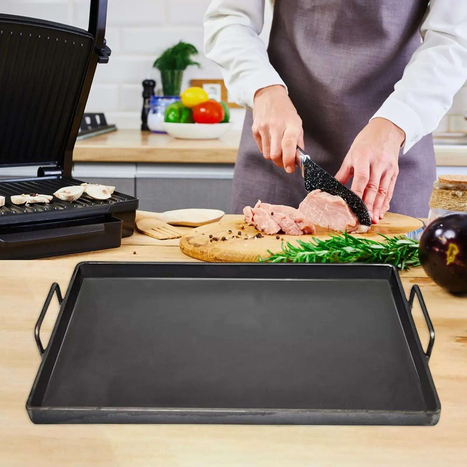 

Flat Plate with Handle, Cooking Skillet Pan, BBQ Griddle for Outdoor Gas Grill Roasting Cooking