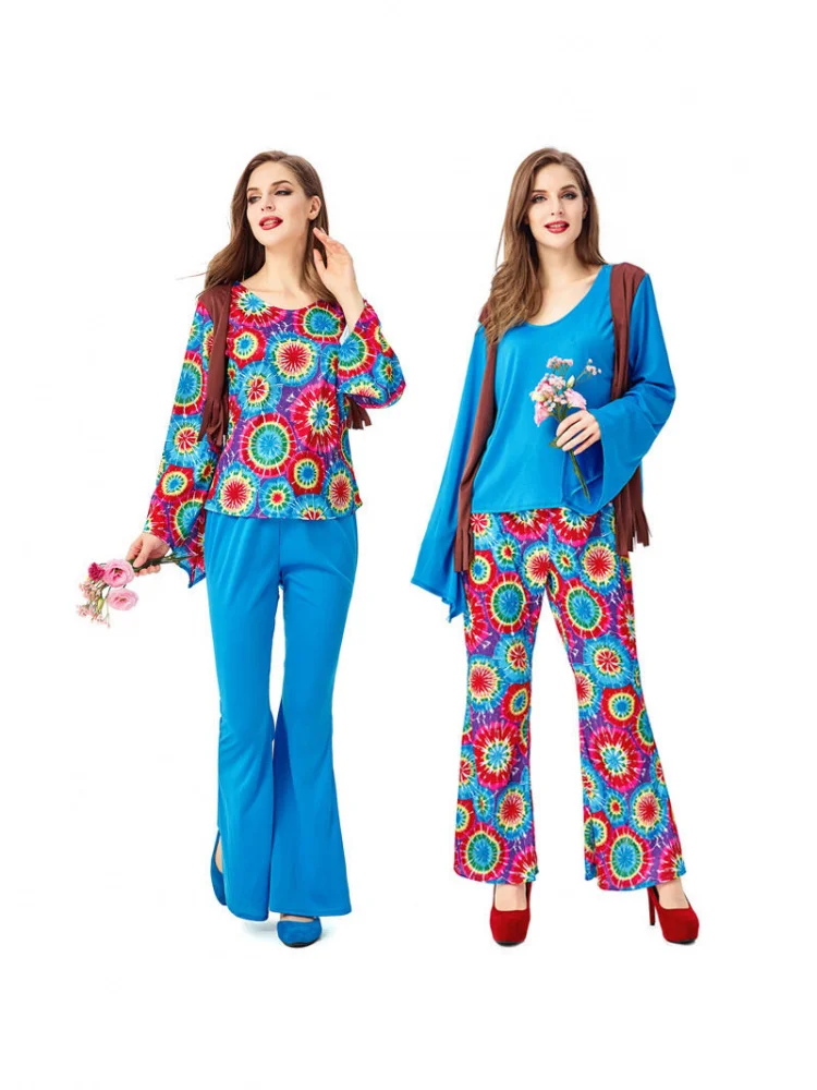 

loween Retro Flared Pants 70s Country Hip Hop Couples Outfit Women's Ethnic Costume Stage Wear High Waist Trousers