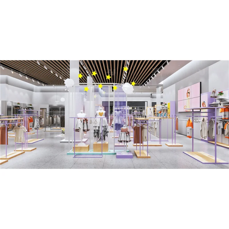 custom.Custom Wooden Base Kids Clothing Store Fixtures Clothes Boutique Furniture Four Way Metal Shop Display Stand
