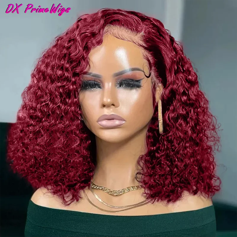 

Burgundy Deep Curly 13x4 Lace Frontal Bob Wig Human Hair 200% Density Pre Plucked Wear Wine Red Short Water Wave Wigs For Women