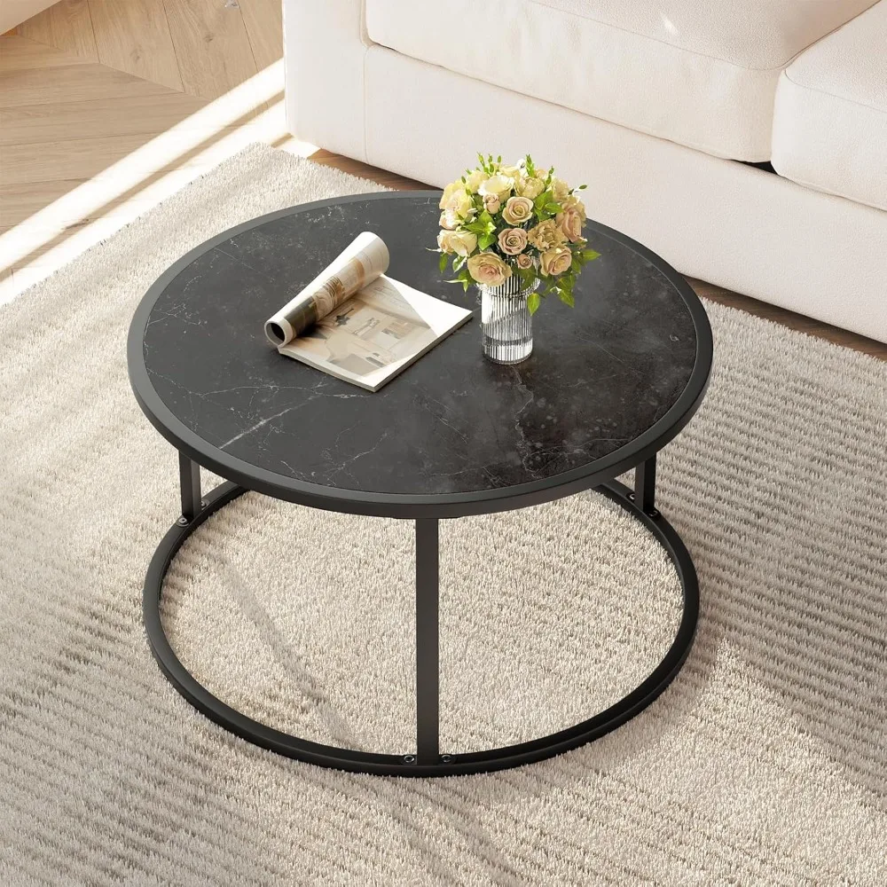 Small Coffee Table Black Round Marble Modern Tables Open Space Underneath for Living Room Home Office 27.6 * 27.6 * 17.7 Easy