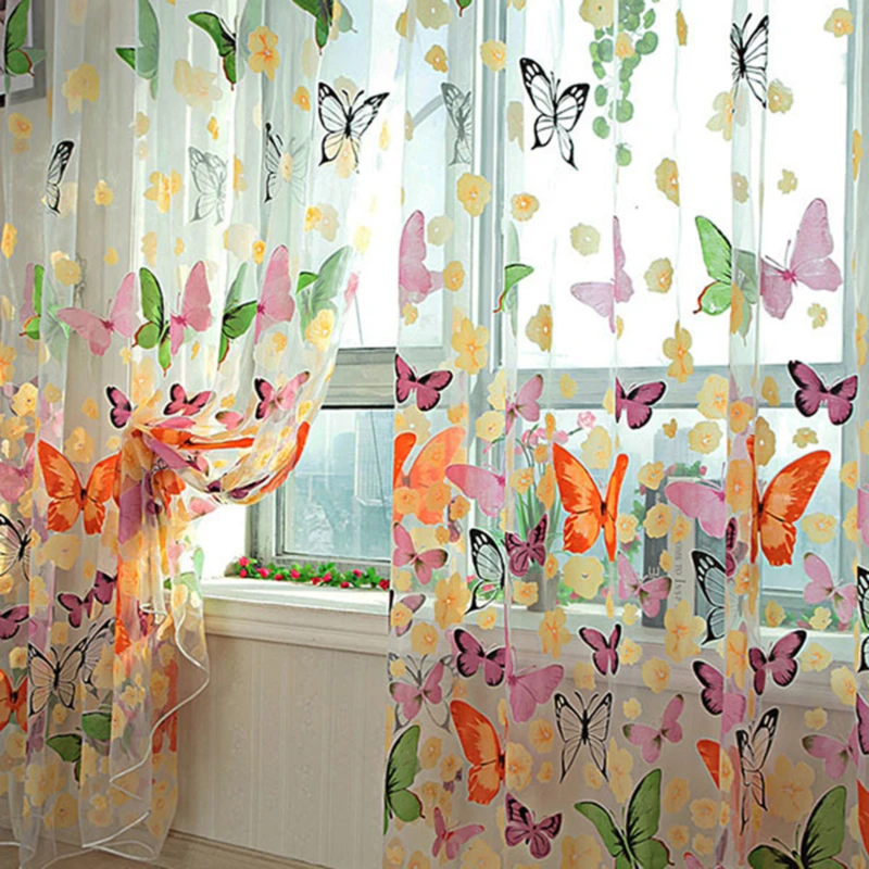 200*95cm Butterfly Sheer Curtains For Living Room Bedroom Colorful Voile Tulles Blinds Kitchen Window Treatments Panel Drapes