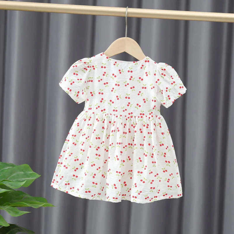 Summer 2024 girls fashion casual solid color printed cherry princess dress/short sleeved dress 1-4 years old