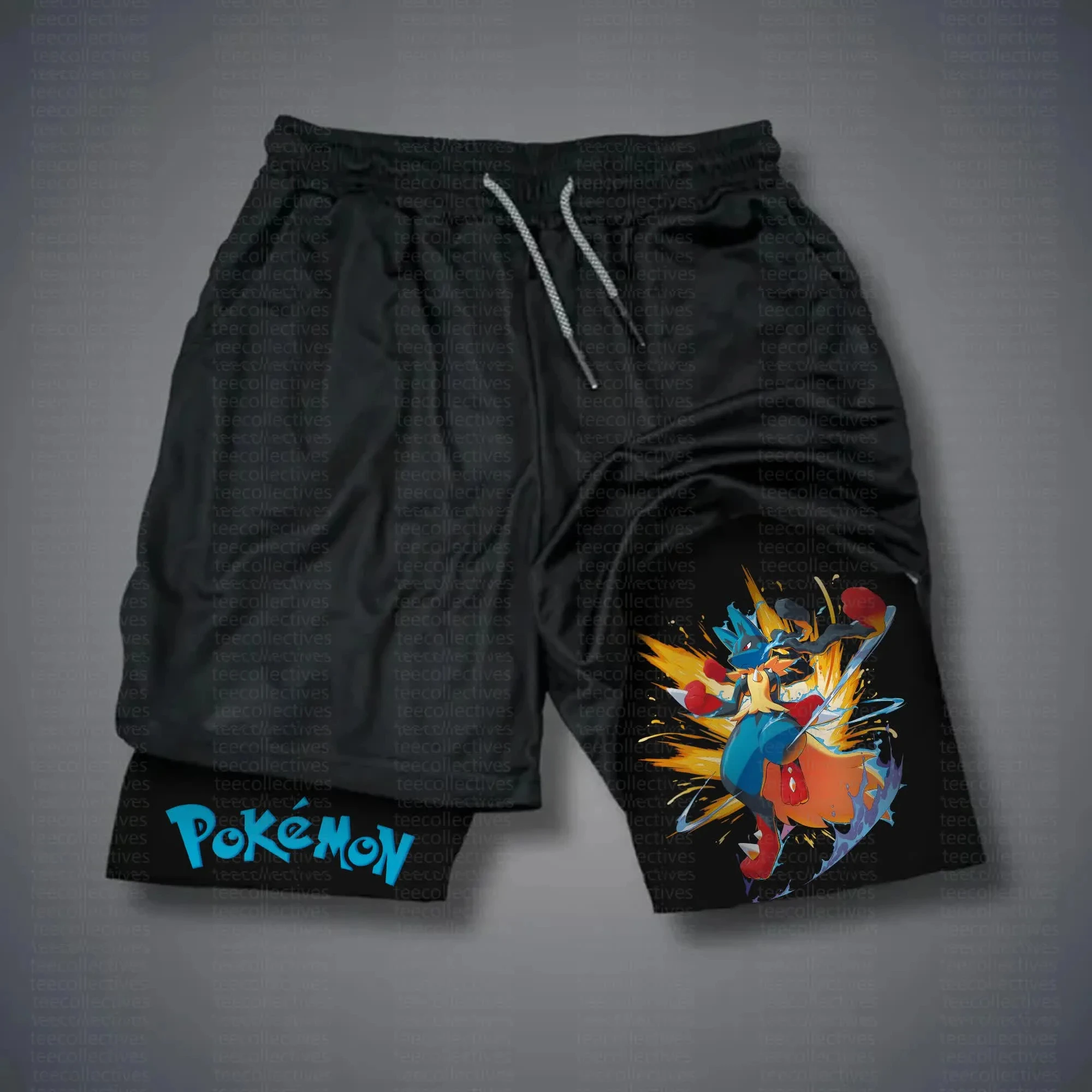 pokemon-lucario-shorts-masculino-algodao-calcas-esportivas-2025-verao-grafico-bottoms-base-preta-azul-lucario-personagem-amarelo-aura-efeito