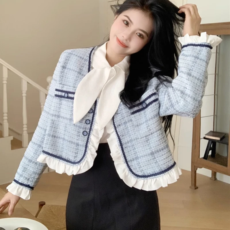 Vintage V-neck Tweed Jacket Autumn Winter Sky Blue Short Coat Lace Ruffles V-neck Outerwear Sweet Girls Fashion Lady Korean 2023