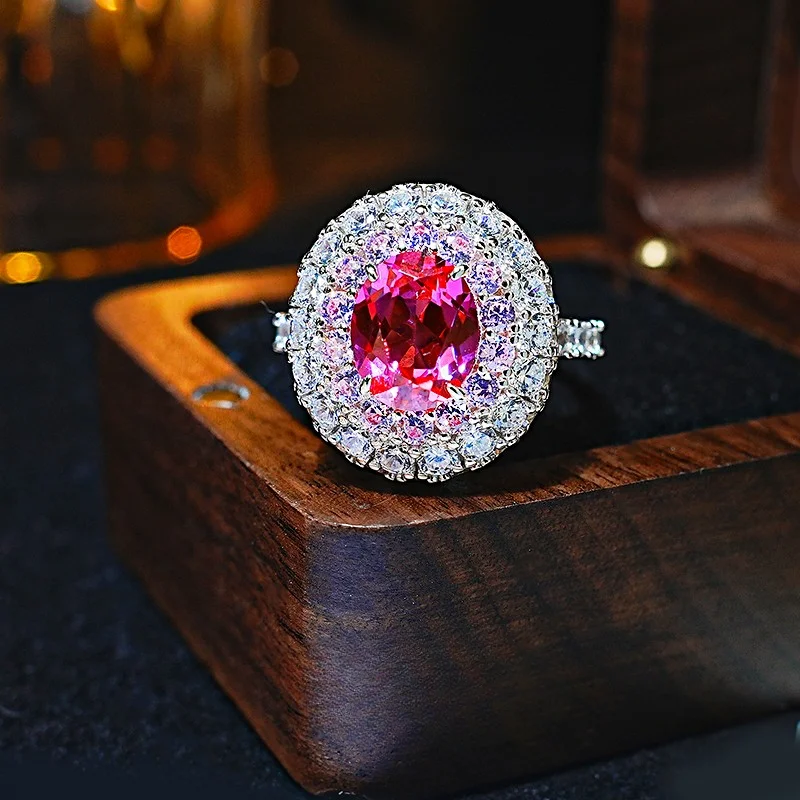 

Exquisite luxury rupee pink tourmaline pink diamond flower ring inlaid with high carbon diamond, niche temperament for women