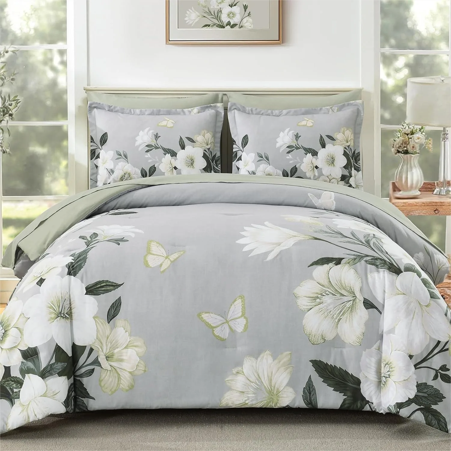 

King Size Comforter Set 7 Pieces Floral Bed in a Bag Sage Green Microfiber Bedding with Butterfly Pattern for All Seasons