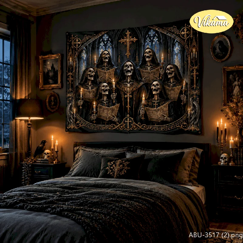 VIKAMA Gothic Christmas Tapestry Wall Hanging Grim Reaper Skeleton Horn Red Ribbon Castle Raven Xmas Decor