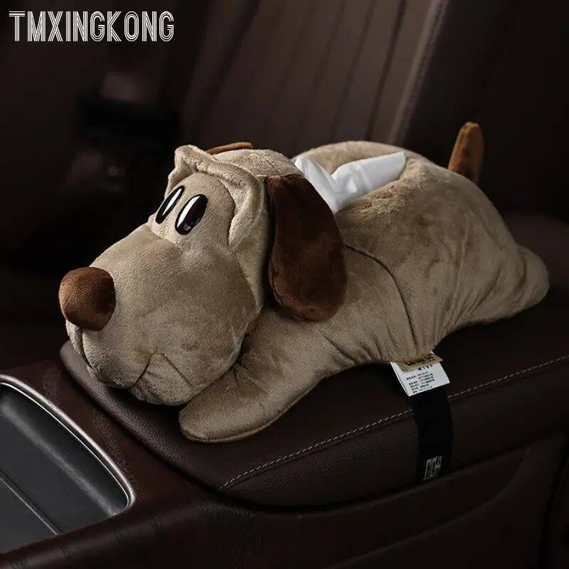 Cartoon Dog Plush Car Tissue Box Holder Cute Stuffed Animal Paper Napkin Cover Case for Vehicle Armrest Center Console Home