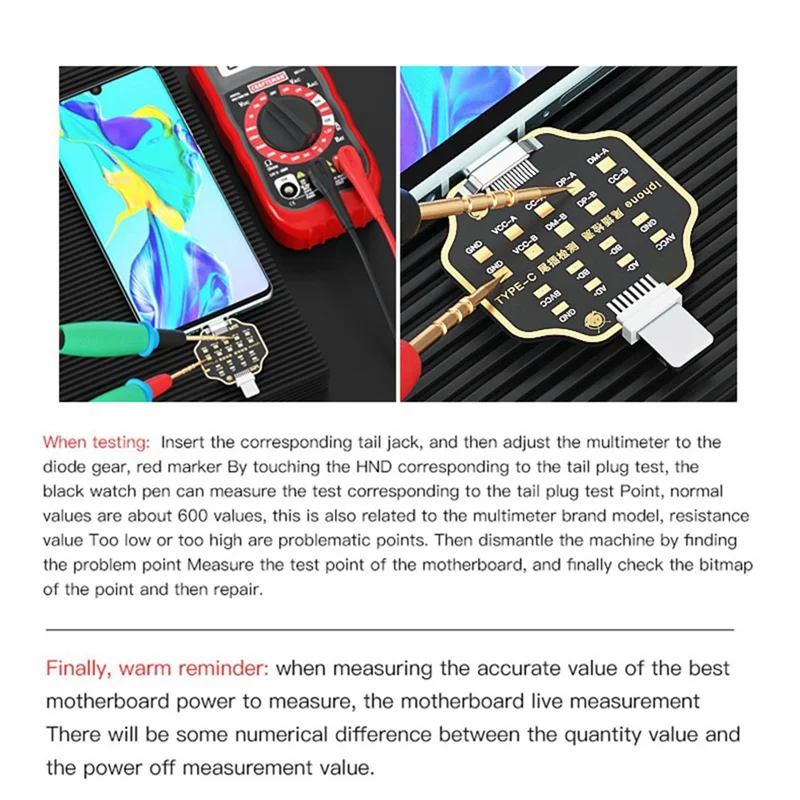 

Несъемная тестовая плата для хвостовой вилки мобильного телефона, тестер для вставки хвоста для телефона Iphone Type-C, инструмент обнаружения быстрой зарядки