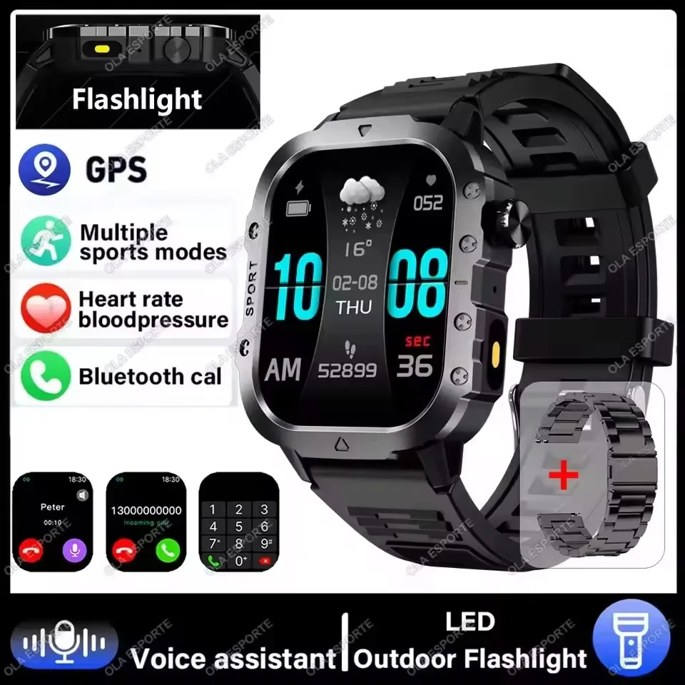 2026 Nieuwe Militaire Outdoor Smart Horloge Heren GPS Zaklamp Bluetooth Oproep 2.01 "AMOLED Scherm 3ATM Waterdichte Sport Smartwatch