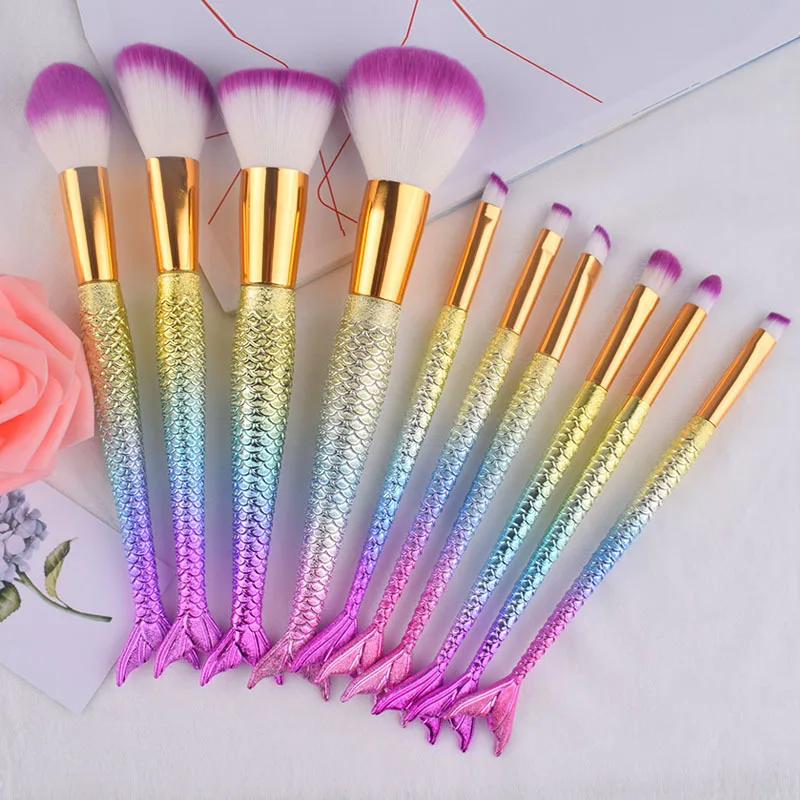 

Набор кистей для макияжа «Русалка», 10 шт., с радужным градиентом, мягкий синтетический ворс, для теней и румян, для женщин