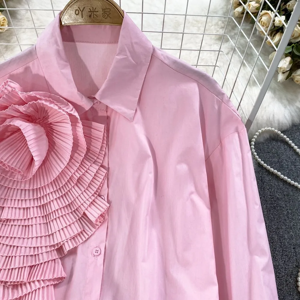ผู้หญิงเสื้อ 3d ดอกไม้เปิดลงปก Vintage Top Elegant Casual แขนยาวฤดูใบไม้ผลิใหม่ฤดูใบไม้ร่วง Vintage Blusas Mujer