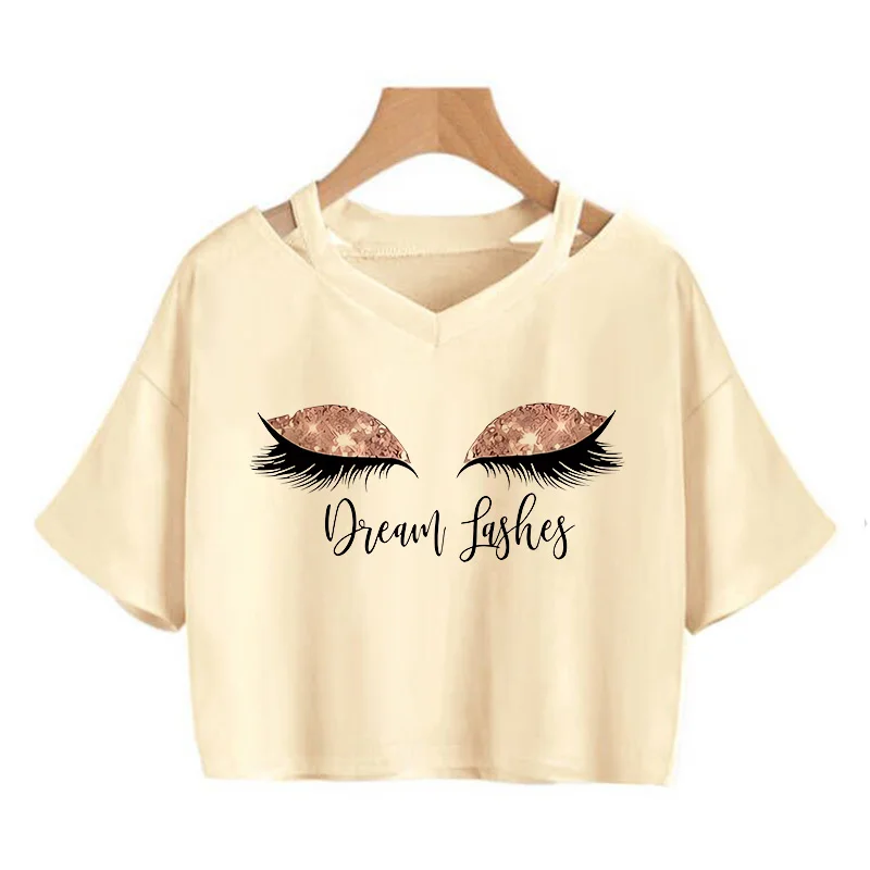 Women's Short Sleeve V-neck Cropped T Shirt Clothes 90s Sexy Crop Tops Eyelash and Dream Abstract Portrait Graphic Print T-Shirt