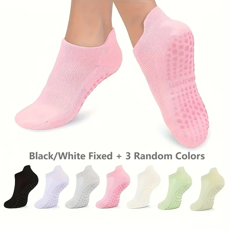 5 Pairs Yoga Socks, Non-Slip Silicone Grip, Breathable Mesh, Seamless Toe, Black and White Fixed + 3 Random Colors