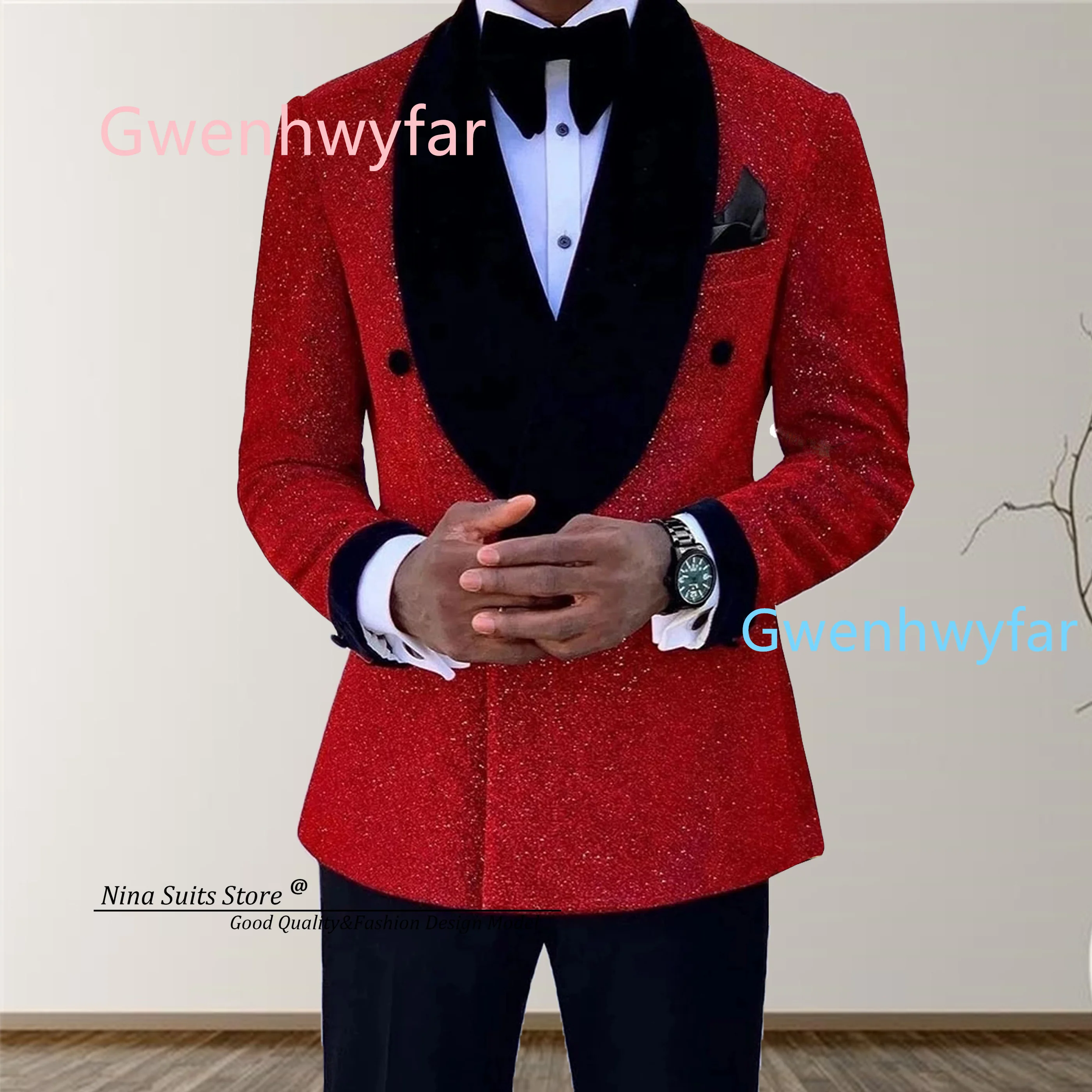 

G&N 2026 Fashion Party Suits for Men Red Glitter Blazer with Black Velvet Lapel Cufff Cotton Blend Pants Groom Wedding Tuxedos