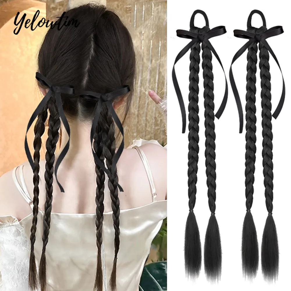 

2PCS Black Extra Long Braided Ponytail Synthetic Hair Extension With Hair Tie Natural Straight Braid Ponytail Extensions Girl