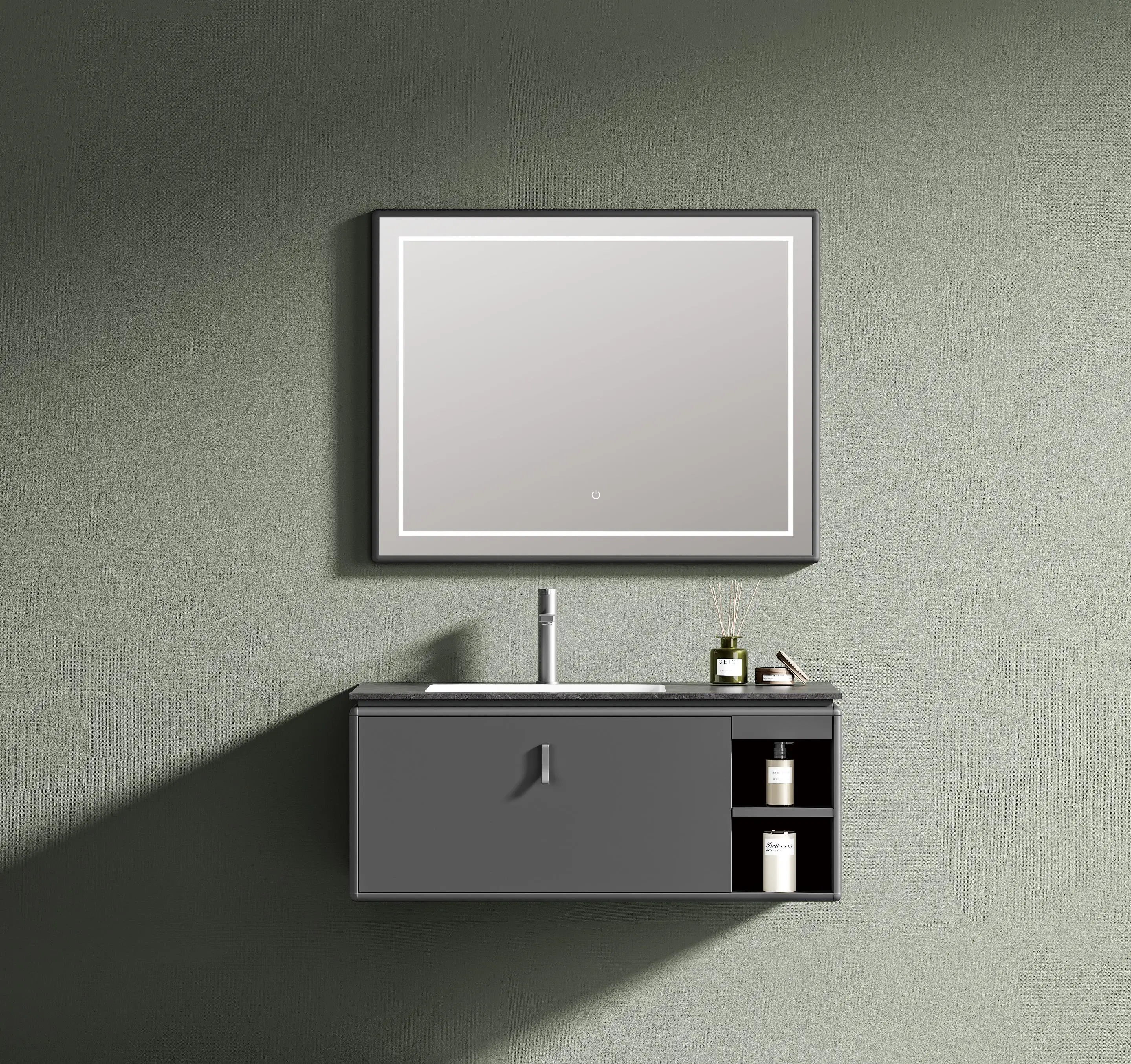 Modern Square Bath Wall Mounted Solid Wood Cabinet With Smart Mirror Vanity Ceramic Sink Hotels Painted Frame Structure