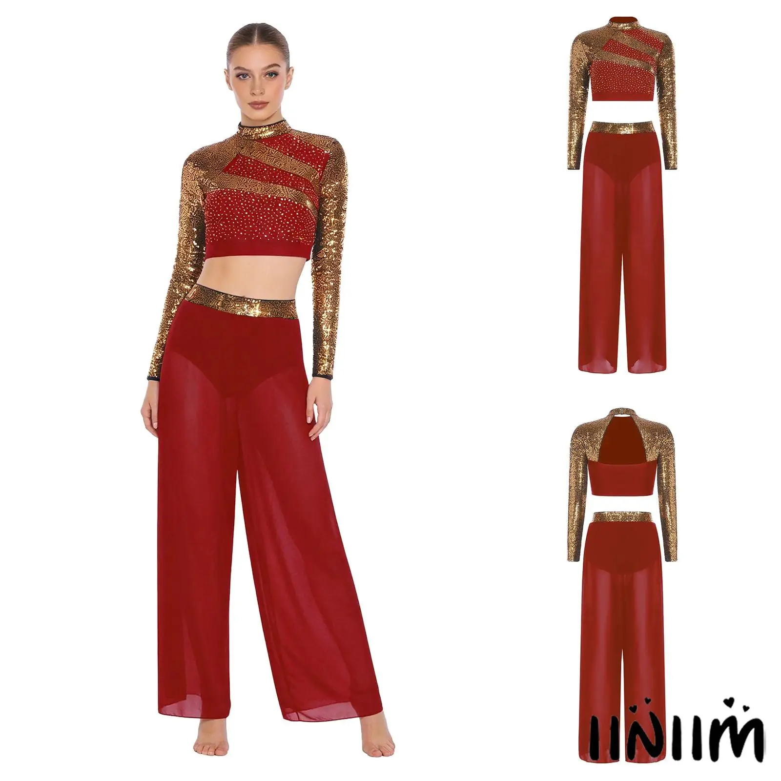 Abiti da ballo da sala jazz in due pezzi da donna Collo a lupetto Manica lunga Ritaglio sul retro Paillettes Strass Crop Top con pantaloni con spacco laterale