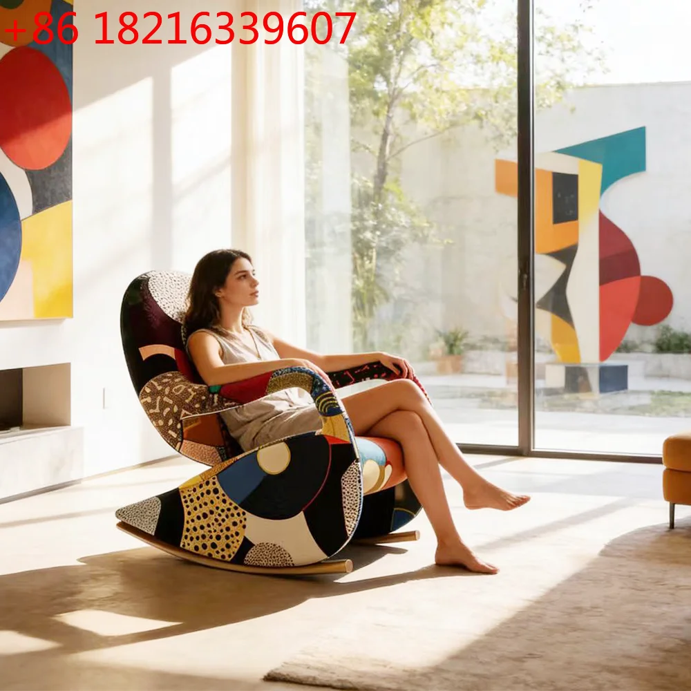 YAO YAO tyModern Patchwork Fabric Rocking Chair With Footrest Upholstered Accent Lounge Armchair for Living Room Bedroom Furnitu