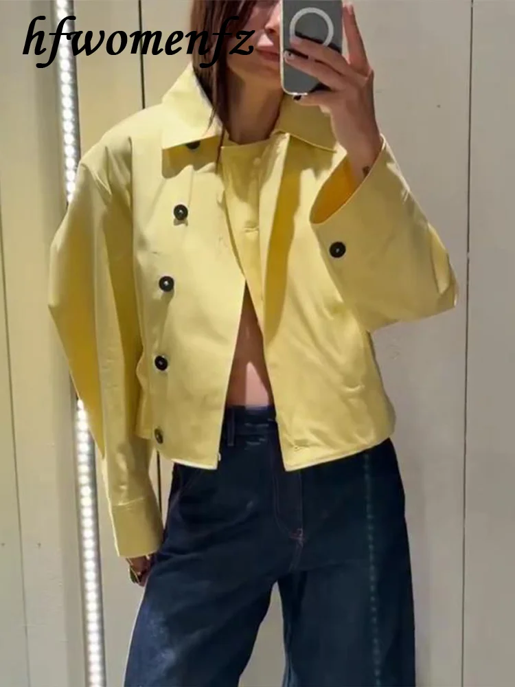 

Casual Yellow Women's Coat Full Sleeve Turn-Down Collar Button Pockets Lady Solid Coats 2026 Summer Autumn Female Street Jacket