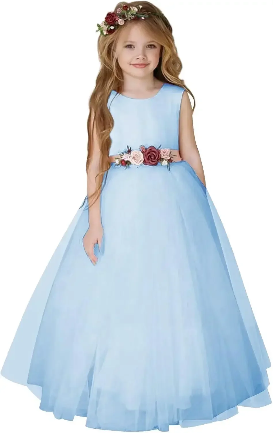 Tule princesa pageant vestido com arco longo uma linha vestidos de baile de baile meninas vestido de festa vestidos da menina de flor para casamento cetim