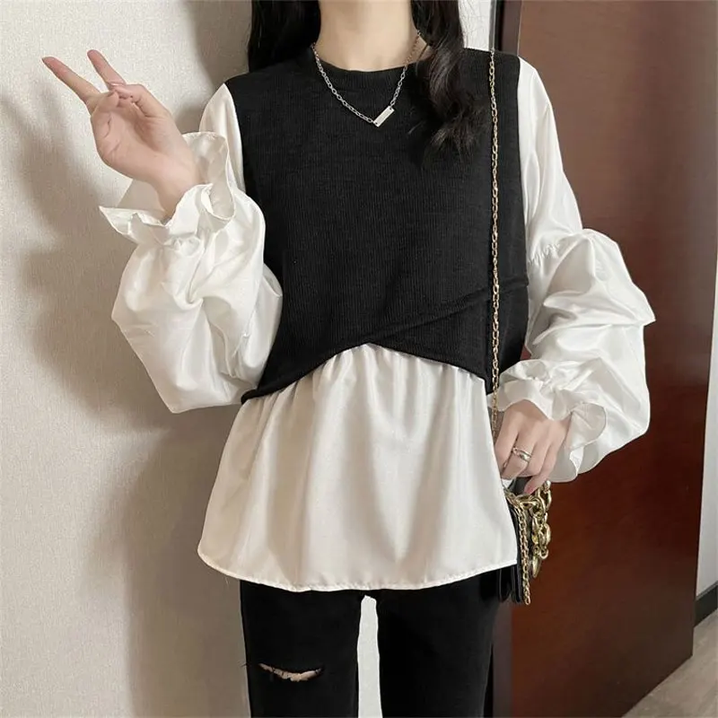 Korean Fake Two Pieces Blouse Spring Autumn Fashion Irregular Knitted Spliced Commute Female Clothing Casual Folds Loose Shirt