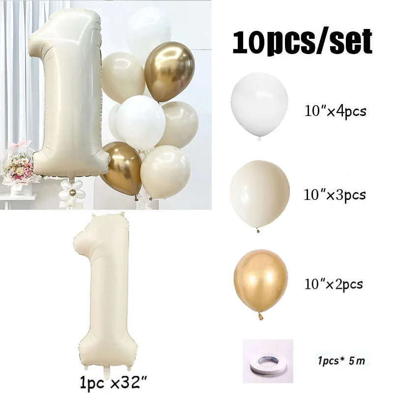 10pcs 32inch Cream Color Number Foil Balloons 1st Birthday Party Decorations Kids Boy Girl 1 2 3 4 5 6 7 8 9 Year Old Supplies