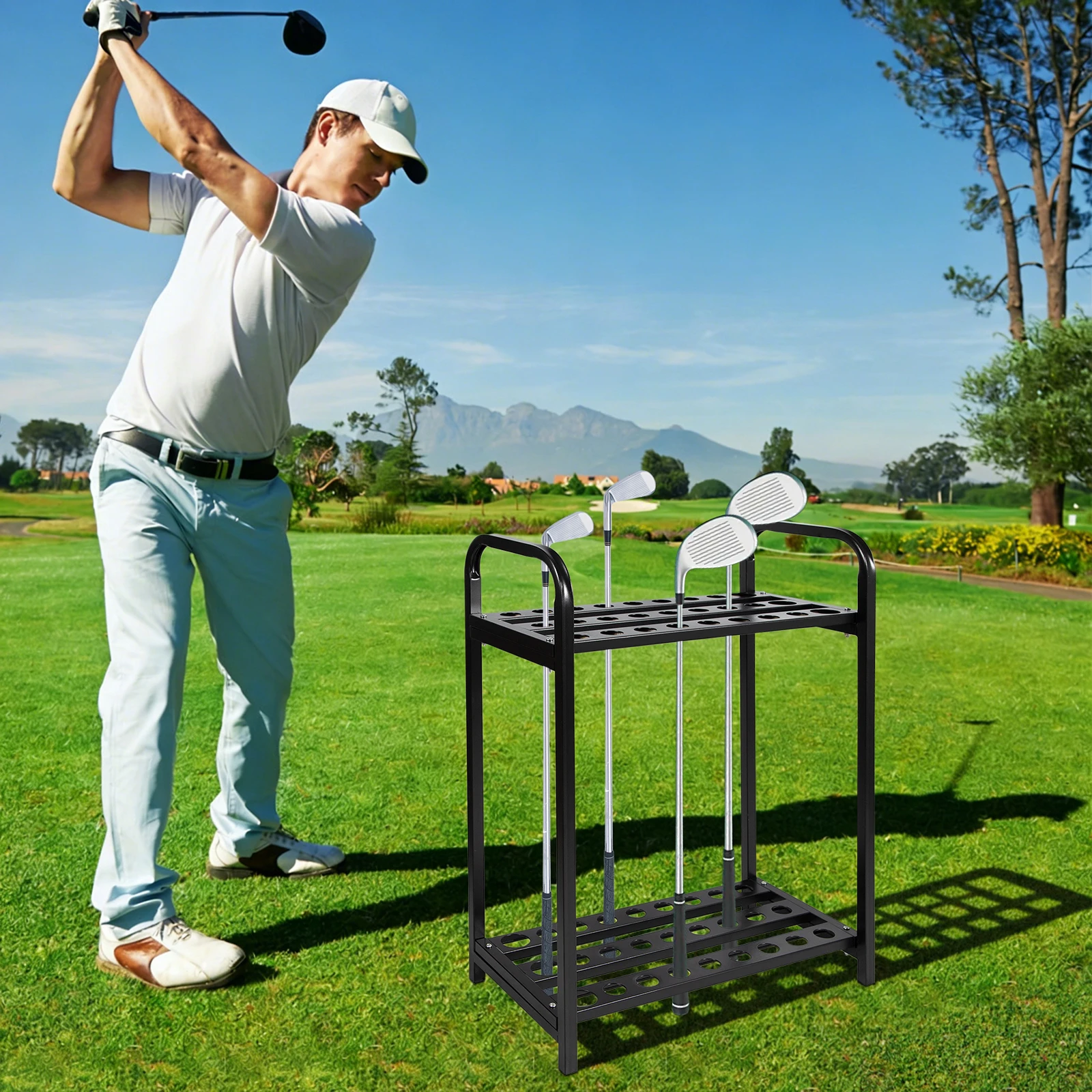 27-hole Floor Standing Golf Club Display Rack, Black Baking Paint Steel Frame Dual 1.3/1.77In Hole Diameter Spacing Protection Portable Side Handle Compact Footprint Golf Club Storage For Club Home Pro Shop