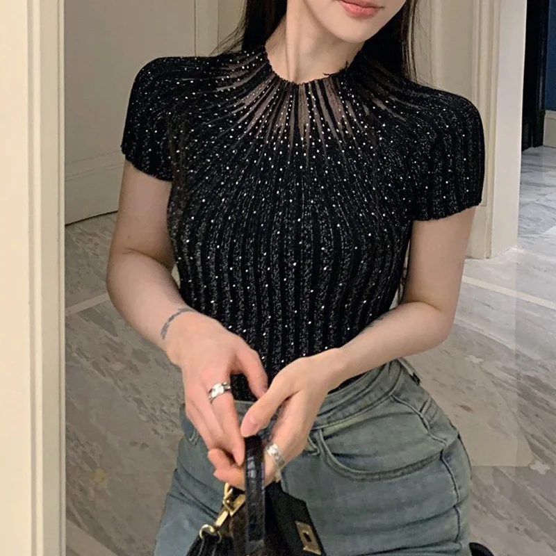 

Hotsweet Girl Diamond Ice Silk вязаная рубашка 2026 летние лоскутные сетчатые топы модная женская футболка с коротким рукавом