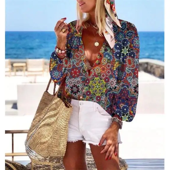 Patrón geométrico para mujer, estampado, cuello irt, corte holgado, tela de poliéster, siete Sve Knowl Sle Faion, temporada de otoño