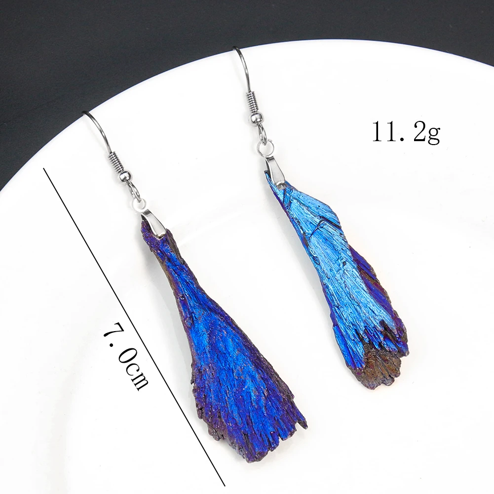 1 Pair Tourmaline Earrings Feather Stone Charms Unique Ear Hook Wand Dangle Blue Royalblue Mineral Bohemian Woman Jewelry Gift