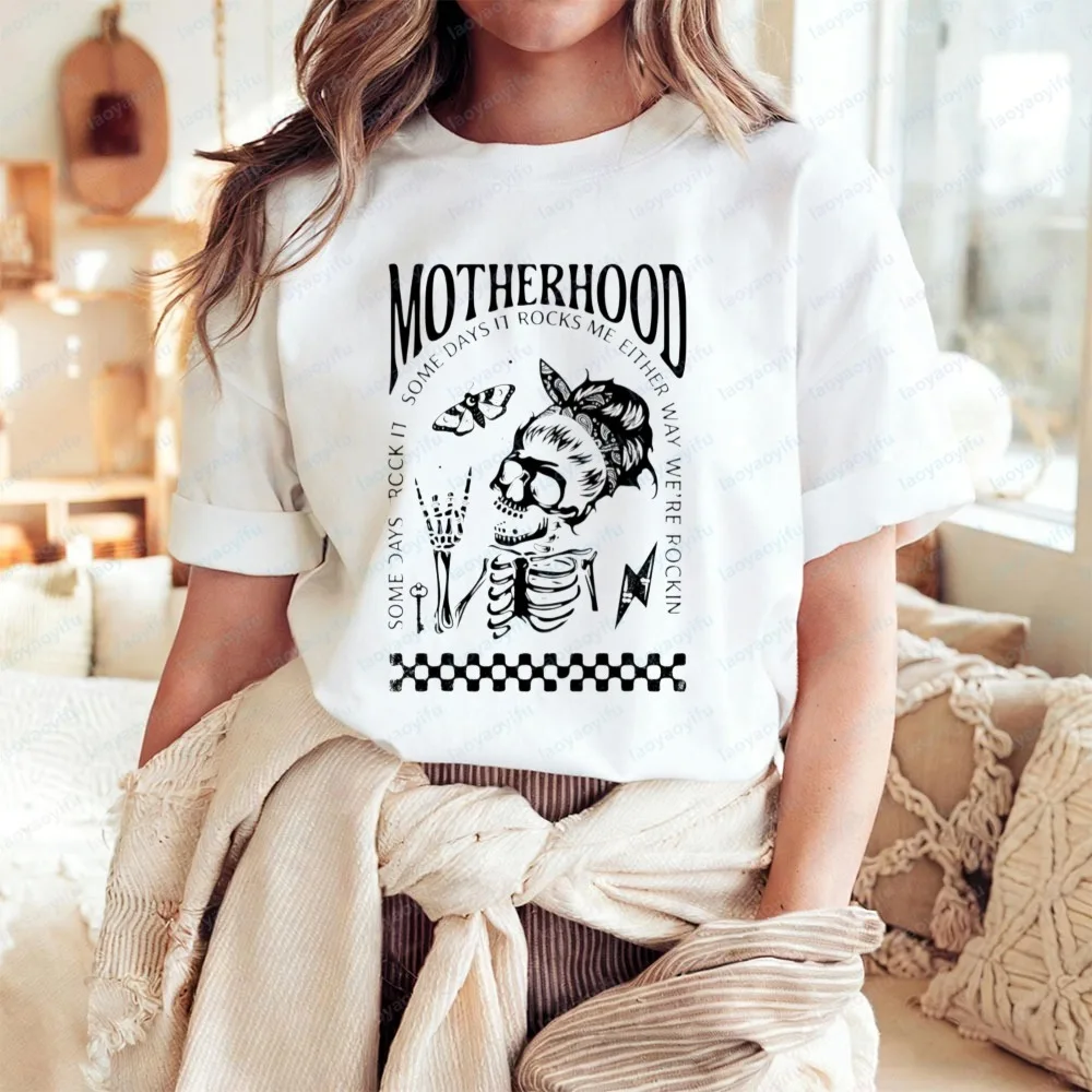 Bold Rock N Roll Mom Cotton T-Shirt for Women Fun Cool Skeleton Mummy Print Casual Tops Summer Casual Mother's Day Gift Apparel